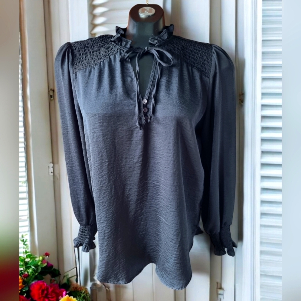 Alex & Lili Black Flowy Long Sleeve Blouse with Sheen